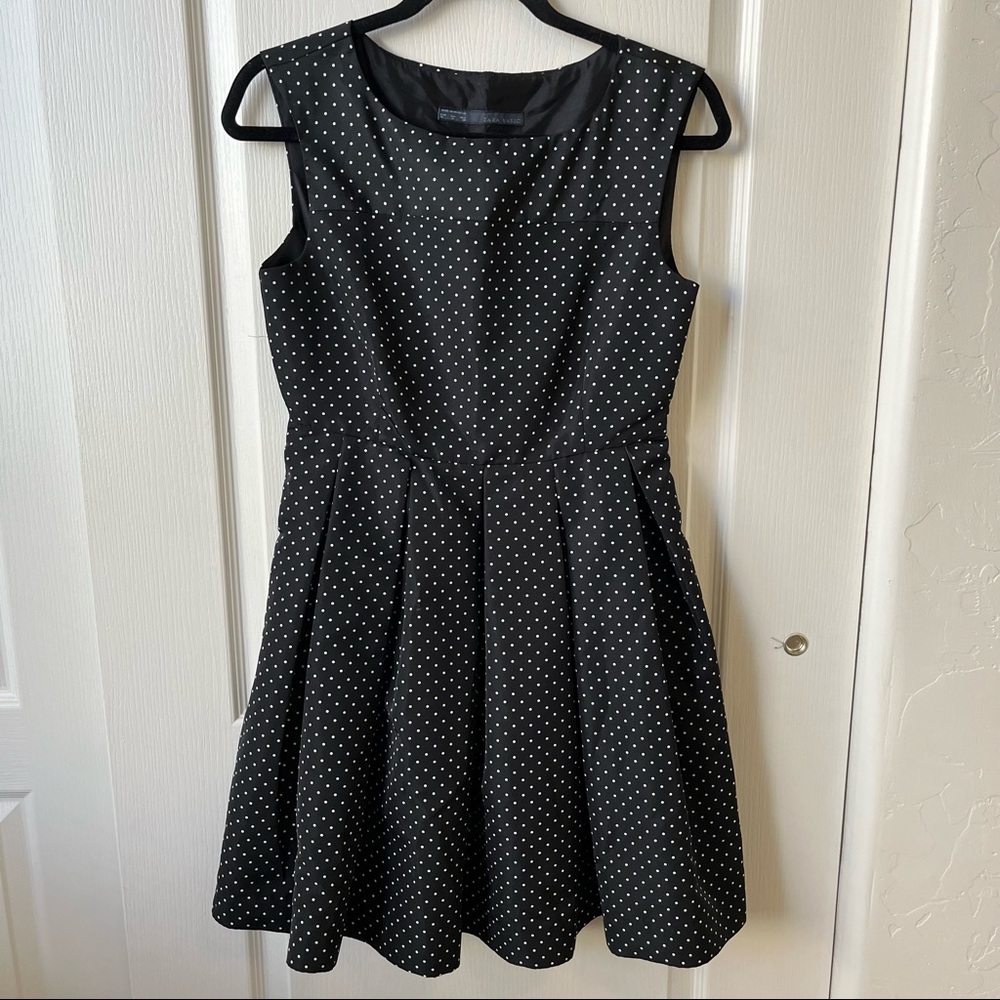 Zara Black Polka dot pleated full A line dress